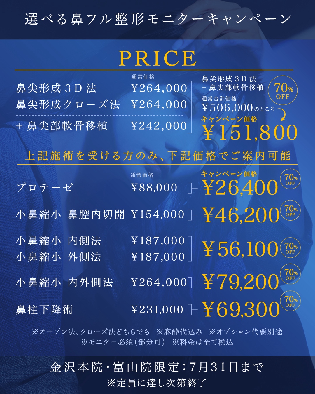 鼻フル整形のモニターの価格表